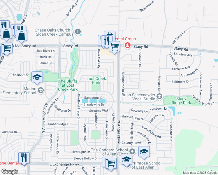 map of restaurants, bars, coffee shops, grocery stores, and more near 1606 Branch Creek Drive in Allen
