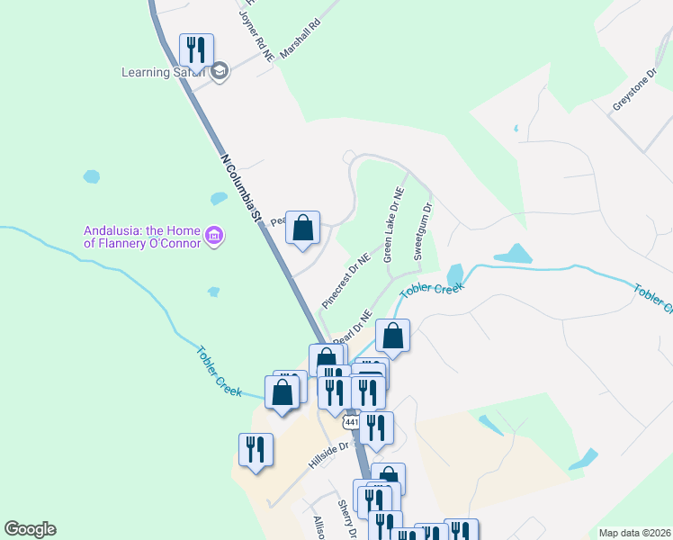 map of restaurants, bars, coffee shops, grocery stores, and more near 118 Pinecrest Drive Northeast in Milledgeville