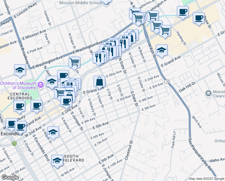 map of restaurants, bars, coffee shops, grocery stores, and more near 720 East 2nd Avenue in Escondido