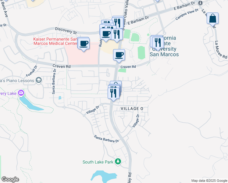 map of restaurants, bars, coffee shops, grocery stores, and more near 667 S Twin Oaks Valley Rd in San Marcos