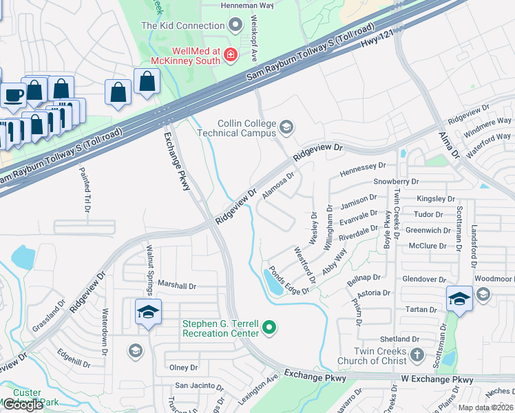 map of restaurants, bars, coffee shops, grocery stores, and more near 1622 Singing Water Drive in Allen