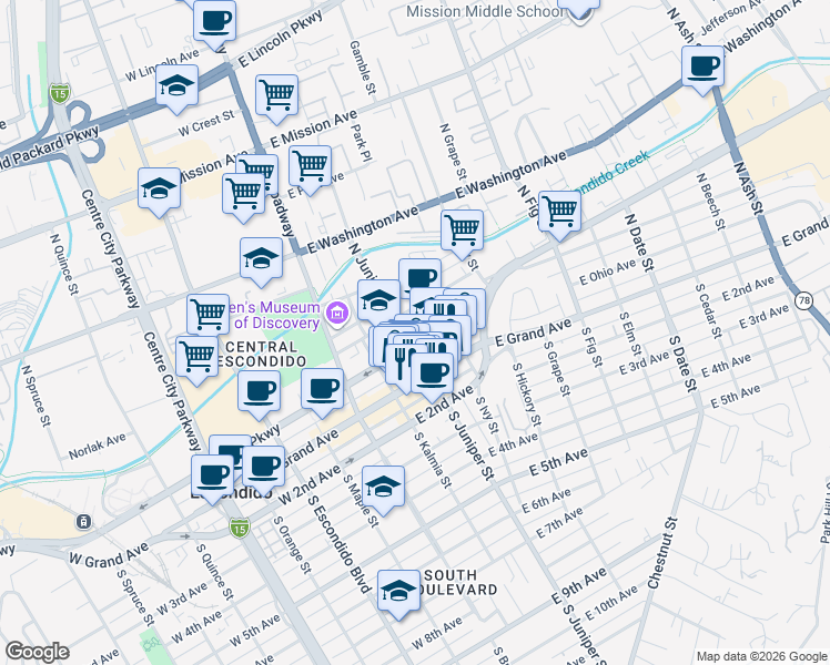 map of restaurants, bars, coffee shops, grocery stores, and more near 302 East Valley Parkway in Escondido