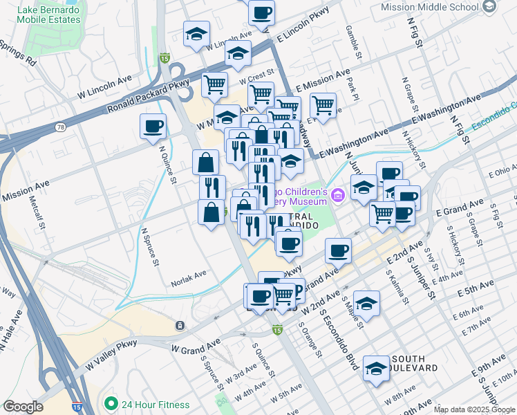 map of restaurants, bars, coffee shops, grocery stores, and more near 497 North Escondido Boulevard in Escondido