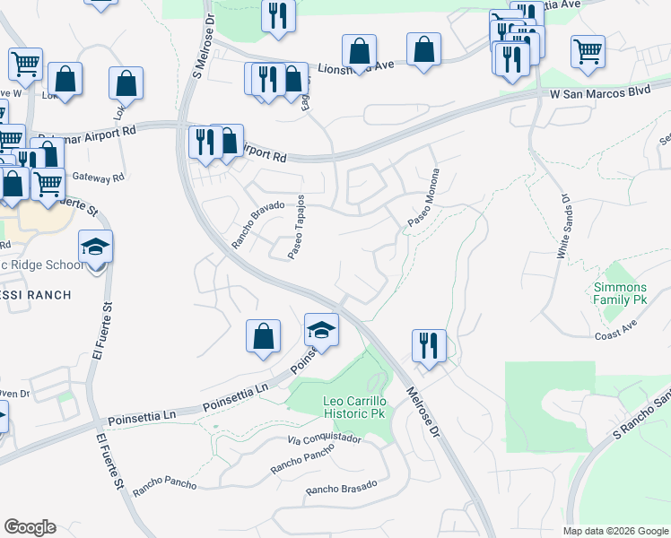 map of restaurants, bars, coffee shops, grocery stores, and more near 6177 Paseo Tienda in Carlsbad