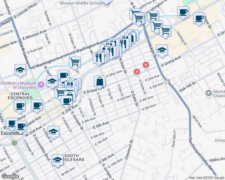 map of restaurants, bars, coffee shops, grocery stores, and more near 720 East 2nd Avenue in Escondido