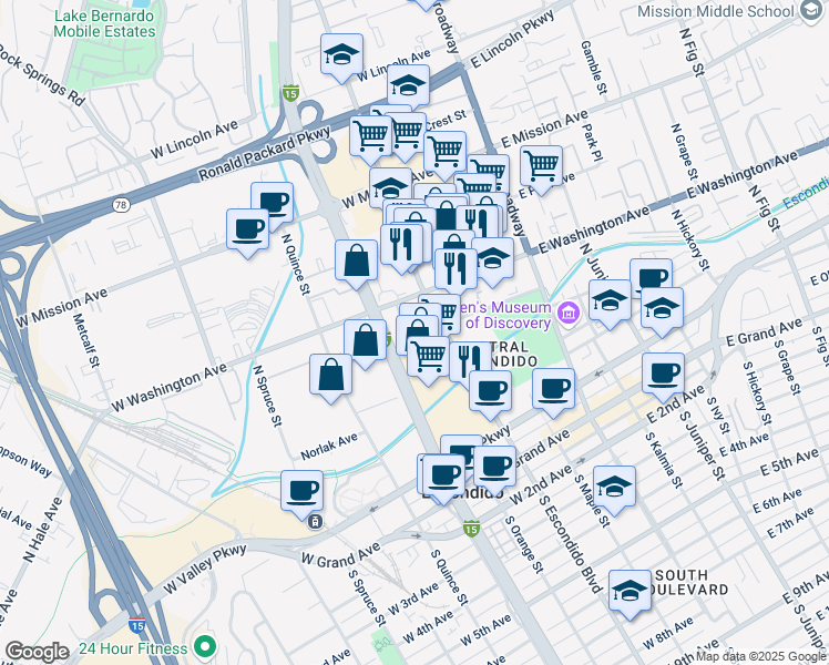 map of restaurants, bars, coffee shops, grocery stores, and more near 520 Meander Glen in Escondido