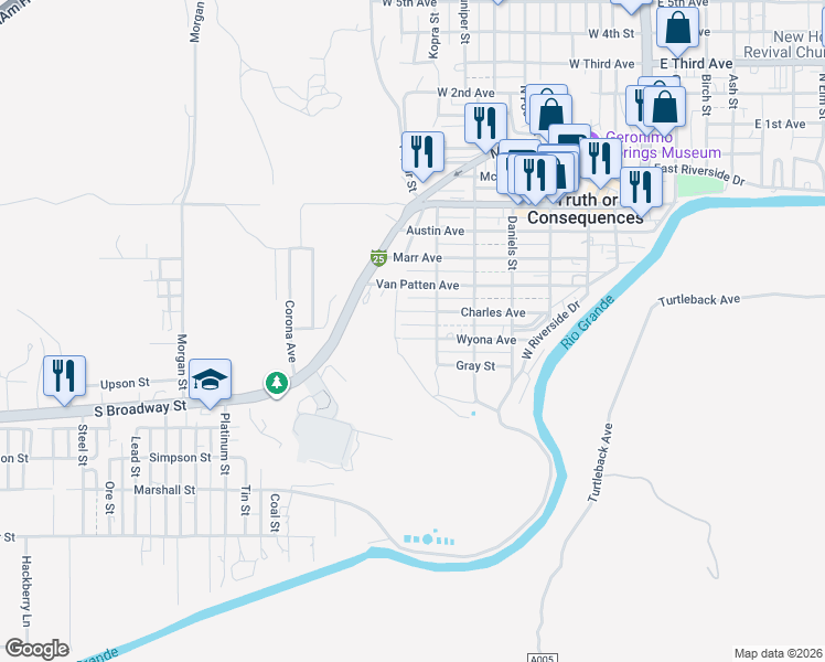 map of restaurants, bars, coffee shops, grocery stores, and more near 801-899 Post Street in Truth or Consequences