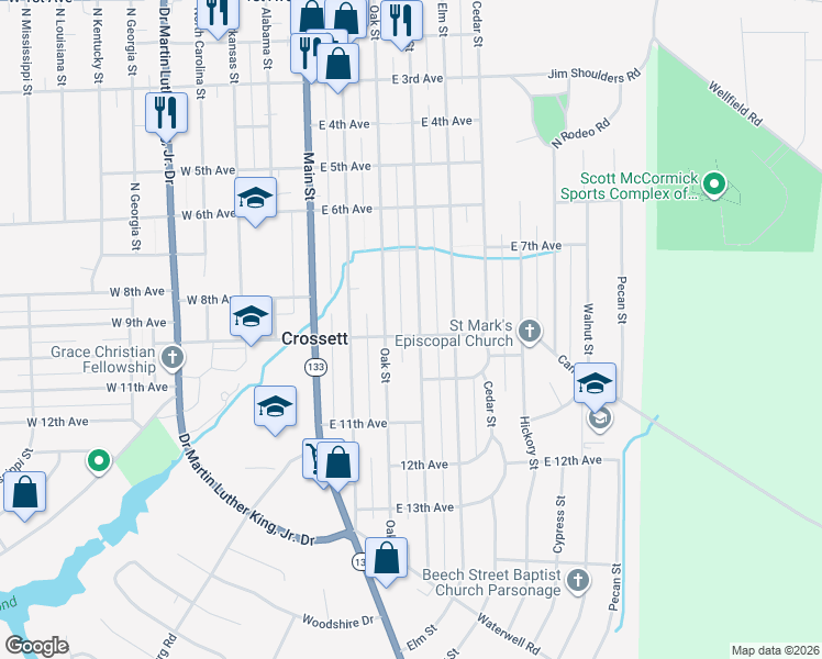 map of restaurants, bars, coffee shops, grocery stores, and more near 808 Beech Street in Crossett
