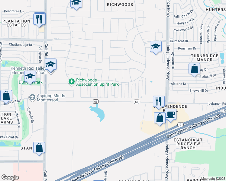 map of restaurants, bars, coffee shops, grocery stores, and more near 5702 Kerry Drive in Frisco
