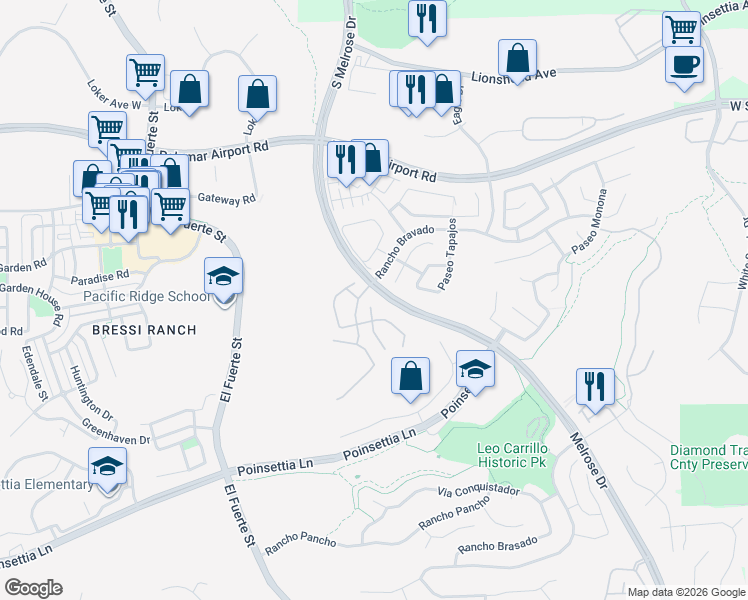map of restaurants, bars, coffee shops, grocery stores, and more near 6210 Paseo Alta Rico in Carlsbad