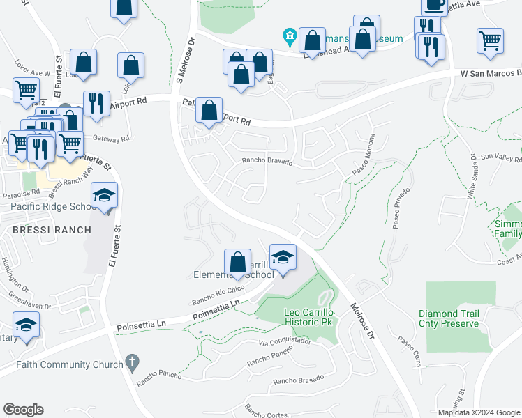 map of restaurants, bars, coffee shops, grocery stores, and more near 3095 Paseo Estribo in Carlsbad