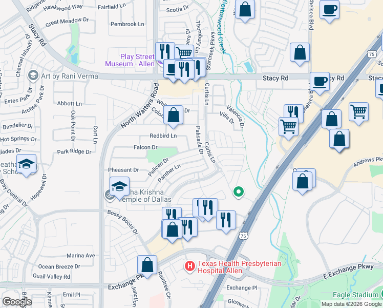 map of restaurants, bars, coffee shops, grocery stores, and more near 809 Pelican Drive in Allen