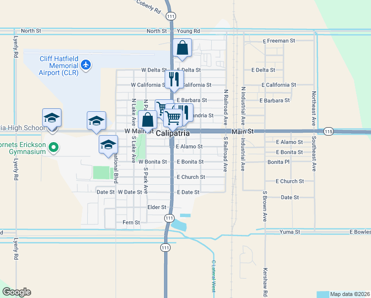 map of restaurants, bars, coffee shops, grocery stores, and more near 147 East Alamo Street in Calipatria