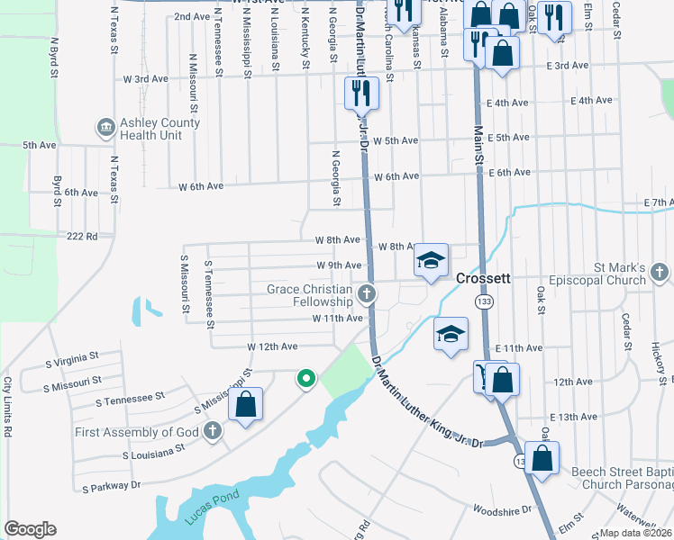 map of restaurants, bars, coffee shops, grocery stores, and more near 801 South Kentucky Street in Crossett