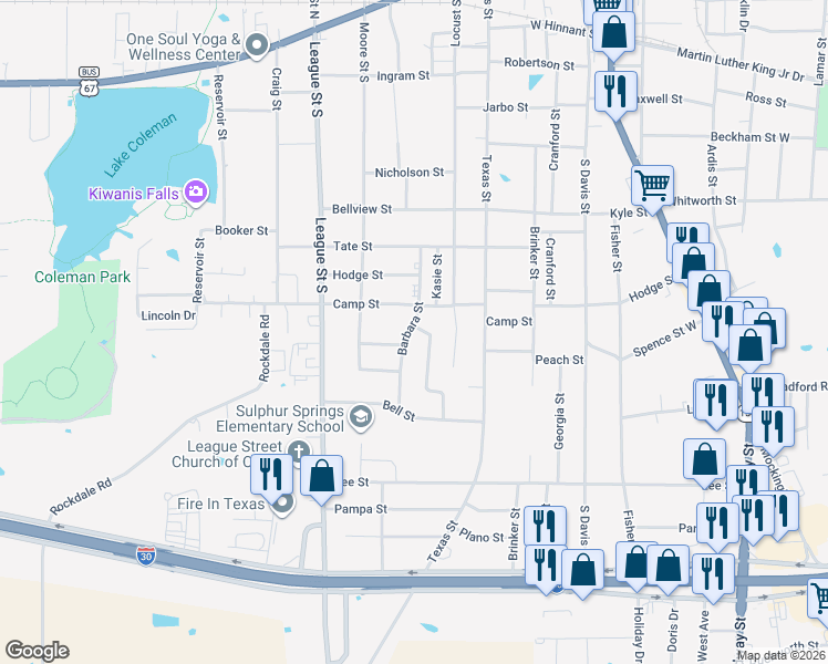 map of restaurants, bars, coffee shops, grocery stores, and more near 900 Forrest Lane in Sulphur Springs