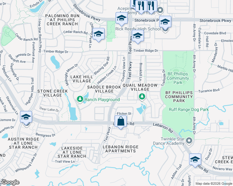 map of restaurants, bars, coffee shops, grocery stores, and more near 2244 Fox Ridge Trail in Frisco