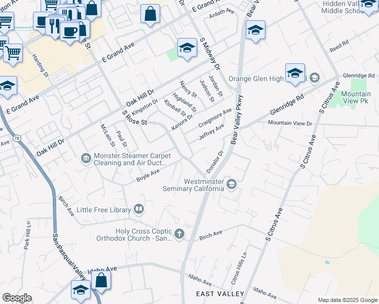 map of restaurants, bars, coffee shops, grocery stores, and more near 1011 Linwood Street in Escondido