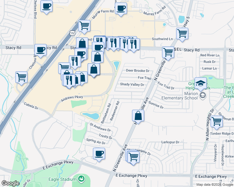 map of restaurants, bars, coffee shops, grocery stores, and more near 400 Arrowhead Drive in Allen