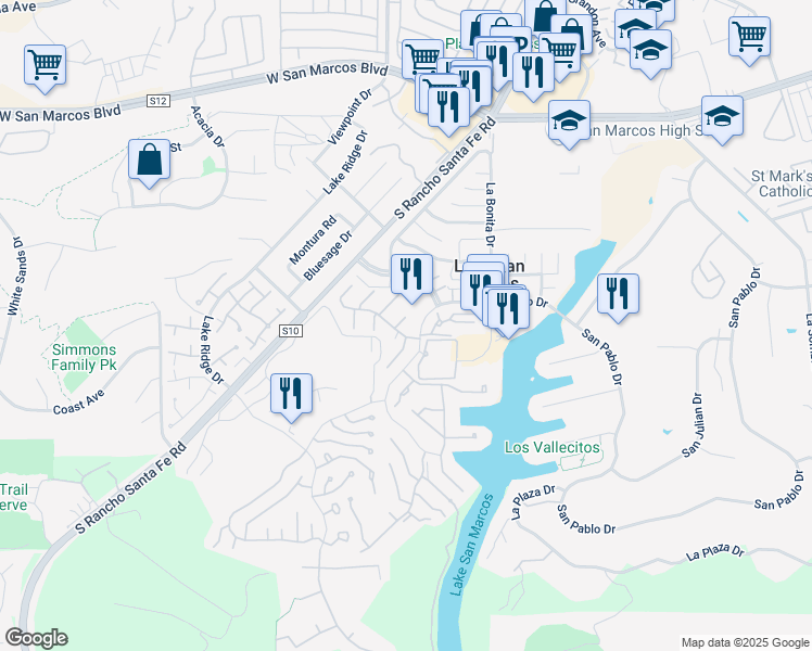 map of restaurants, bars, coffee shops, grocery stores, and more near 1128 Los Campaneros in San Marcos