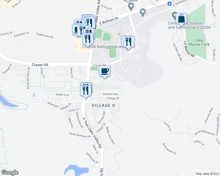 map of restaurants, bars, coffee shops, grocery stores, and more near 681 South Twin Oaks Valley Road in San Marcos