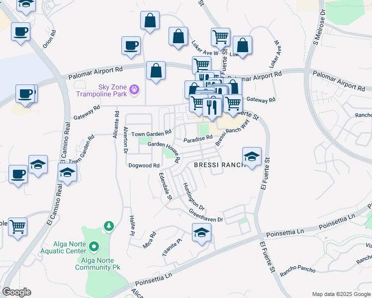 map of restaurants, bars, coffee shops, grocery stores, and more near 2656 Bressi Ranch Way in Carlsbad