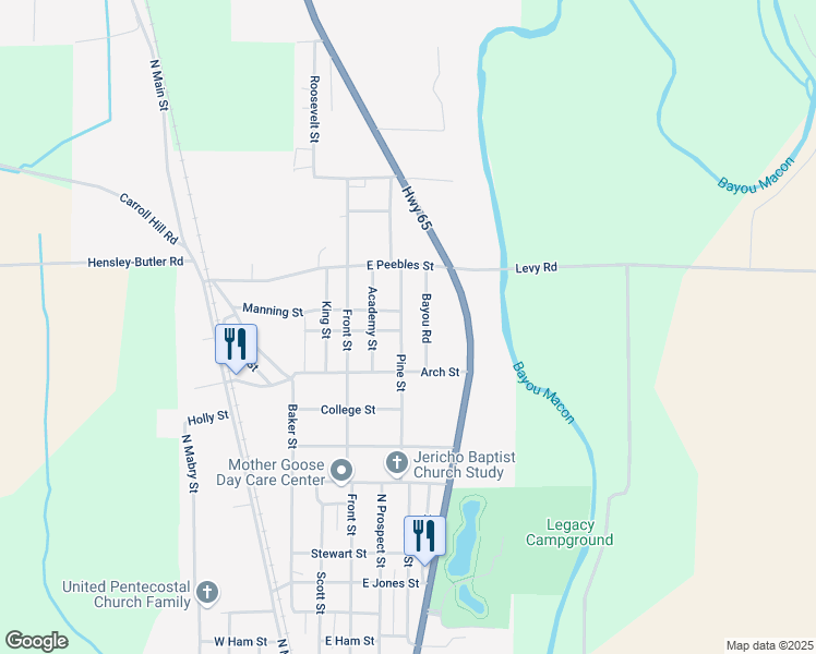 map of restaurants, bars, coffee shops, grocery stores, and more near 1505 Pine Street in Eudora