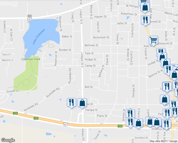 map of restaurants, bars, coffee shops, grocery stores, and more near 811 Moore Street South in Sulphur Springs