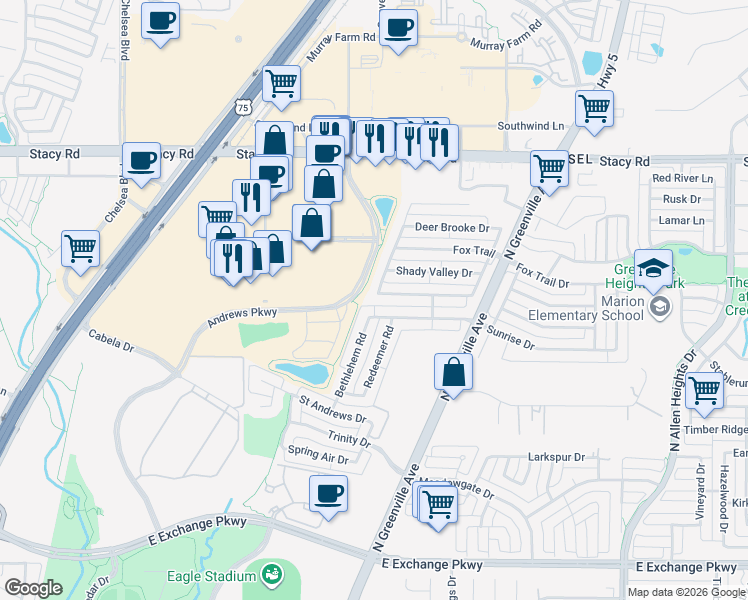 map of restaurants, bars, coffee shops, grocery stores, and more near 400 Arrowhead Drive in Allen