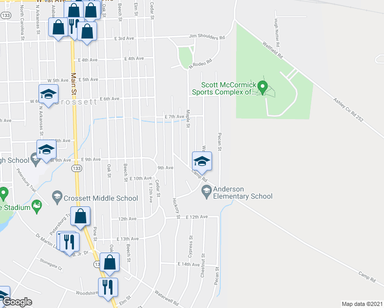 map of restaurants, bars, coffee shops, grocery stores, and more near 809 Maple Street in Crossett