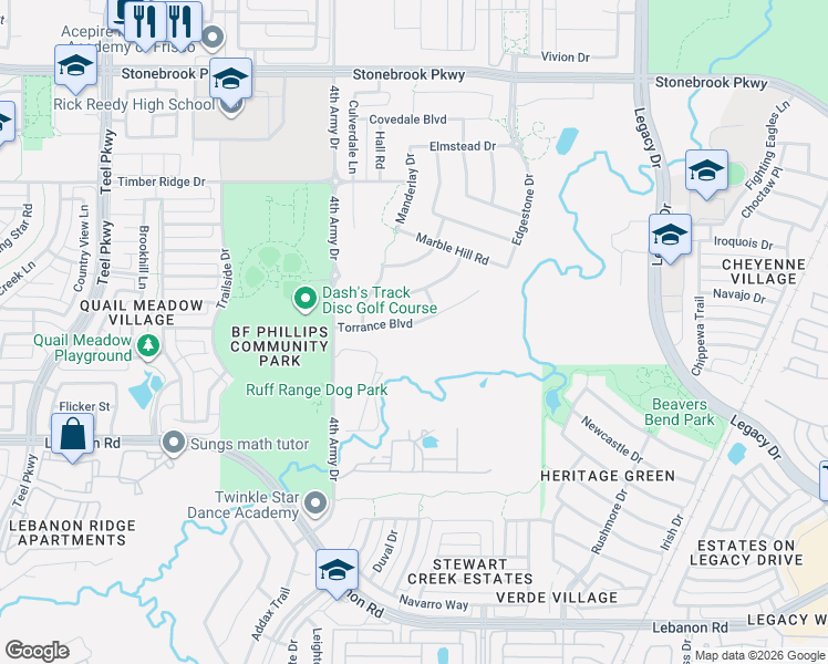 map of restaurants, bars, coffee shops, grocery stores, and more near 3599 Torrance Boulevard in Frisco