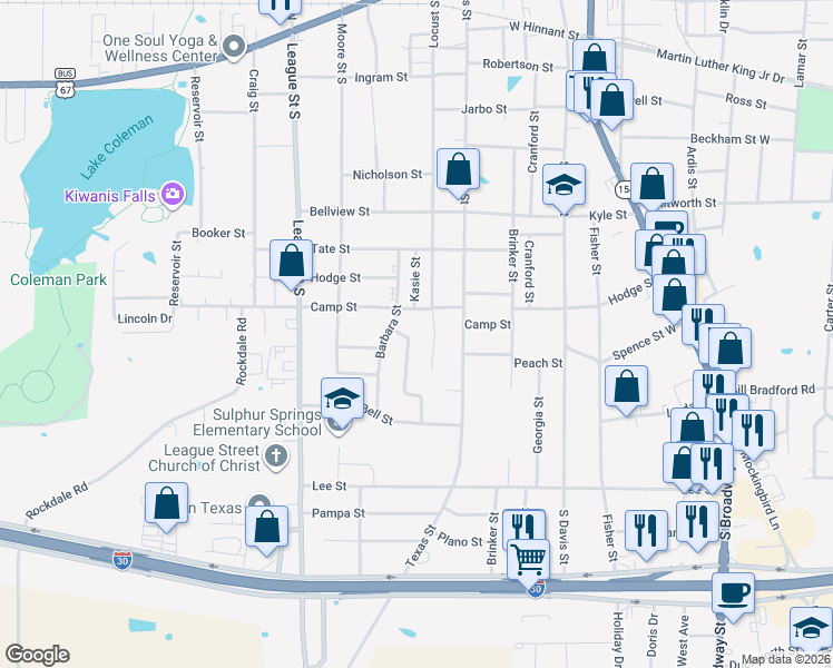 map of restaurants, bars, coffee shops, grocery stores, and more near 900 Forrest Lane in Sulphur Springs