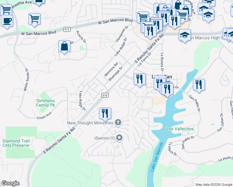 map of restaurants, bars, coffee shops, grocery stores, and more near 1161 La Casa Drive in San Marcos
