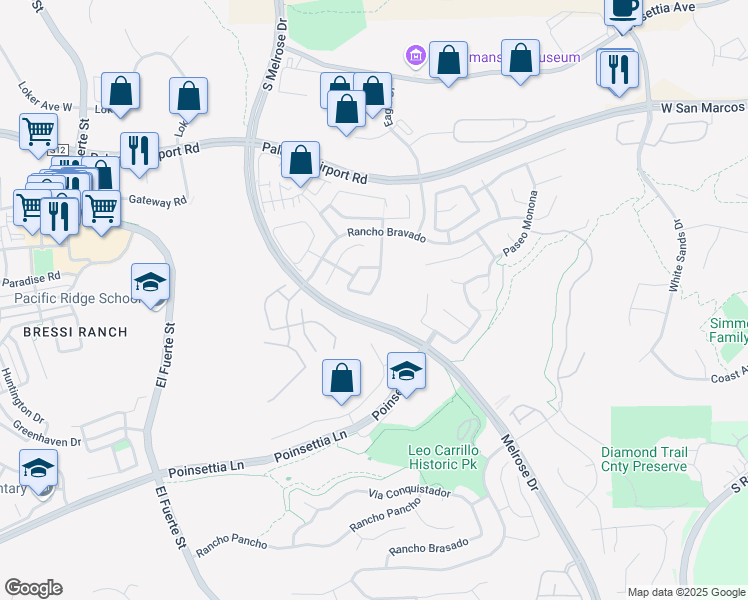 map of restaurants, bars, coffee shops, grocery stores, and more near 3095 Paseo Estribo in Carlsbad