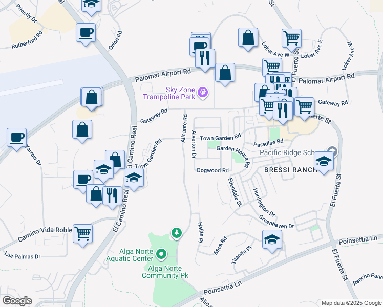 map of restaurants, bars, coffee shops, grocery stores, and more near 6253 Alverton Drive in Carlsbad