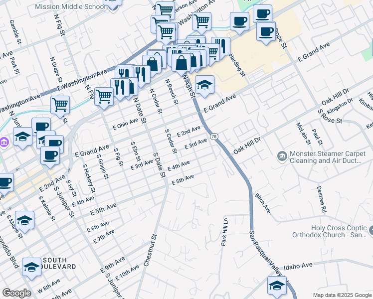 map of restaurants, bars, coffee shops, grocery stores, and more near 1045 East 3rd Avenue in Escondido