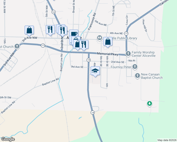 map of restaurants, bars, coffee shops, grocery stores, and more near 212 3rd Street Southeast in Aliceville