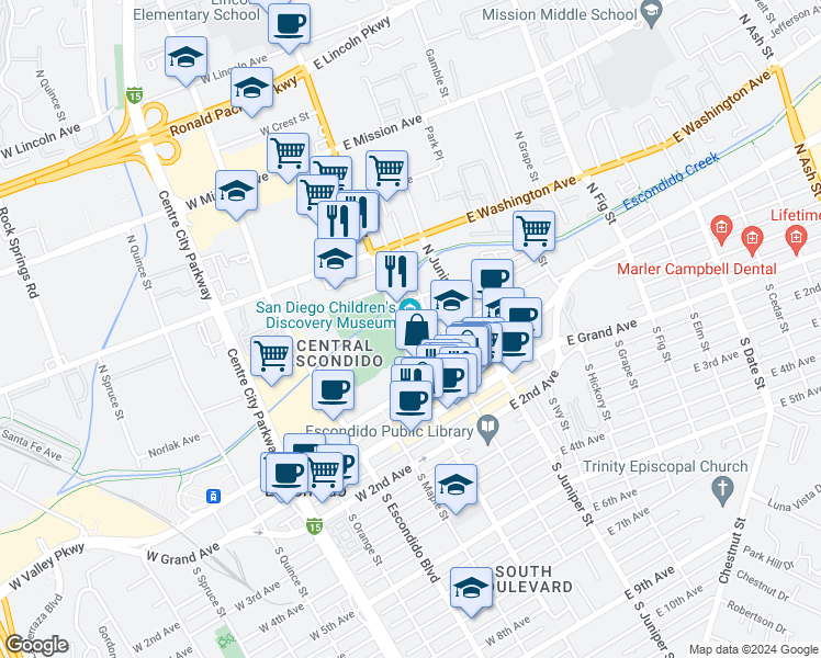 map of restaurants, bars, coffee shops, grocery stores, and more near 320 North Broadway in Escondido