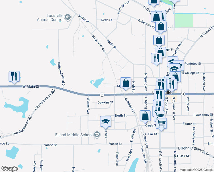 map of restaurants, bars, coffee shops, grocery stores, and more near 201 South Montgomery Avenue in Louisville
