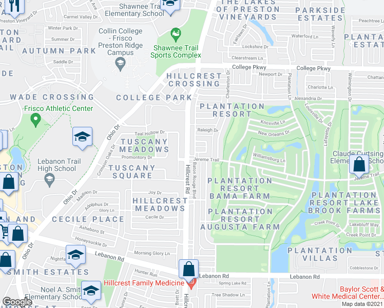 map of restaurants, bars, coffee shops, grocery stores, and more near 5517 Baton Rouge Boulevard in Frisco