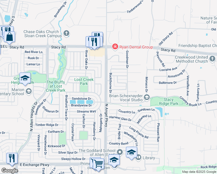 map of restaurants, bars, coffee shops, grocery stores, and more near 1607 Buckthorne Drive in Allen