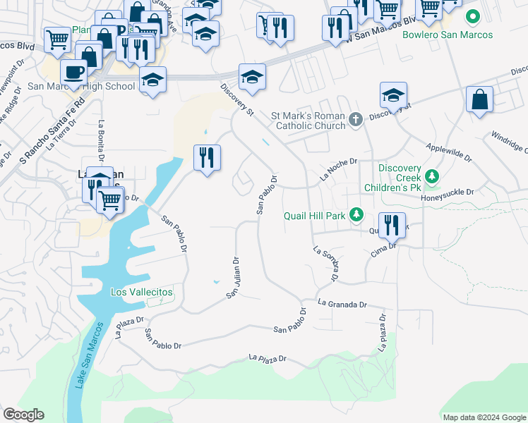 map of restaurants, bars, coffee shops, grocery stores, and more near 1017 San Pablo Drive in San Marcos