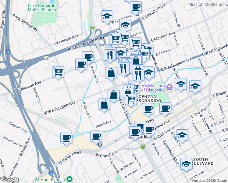 map of restaurants, bars, coffee shops, grocery stores, and more near 505 West Washington Avenue in Escondido