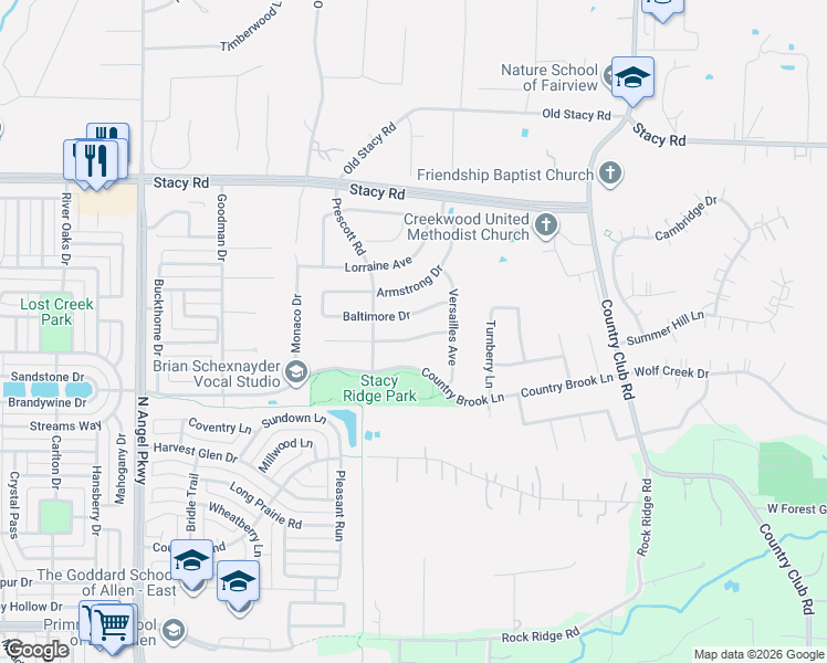 map of restaurants, bars, coffee shops, grocery stores, and more near 1911 San Carlos Avenue in Allen
