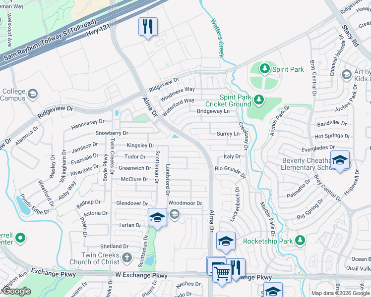 map of restaurants, bars, coffee shops, grocery stores, and more near 1317 Kingsley Court in Allen