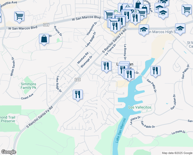 map of restaurants, bars, coffee shops, grocery stores, and more near 1158 Calle De Los Serranos in San Marcos
