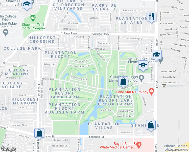 map of restaurants, bars, coffee shops, grocery stores, and more near 5600 Hill Haven Court in Frisco