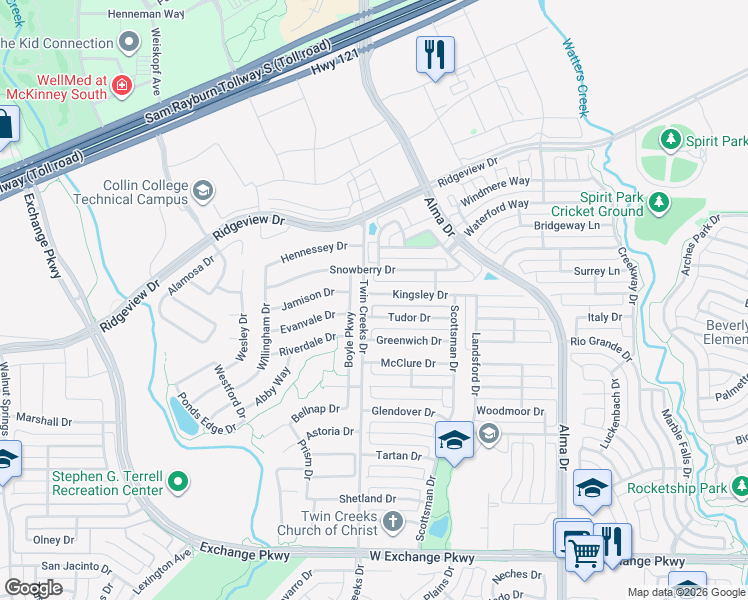 map of restaurants, bars, coffee shops, grocery stores, and more near 1437 Kingsley Dr in Allen