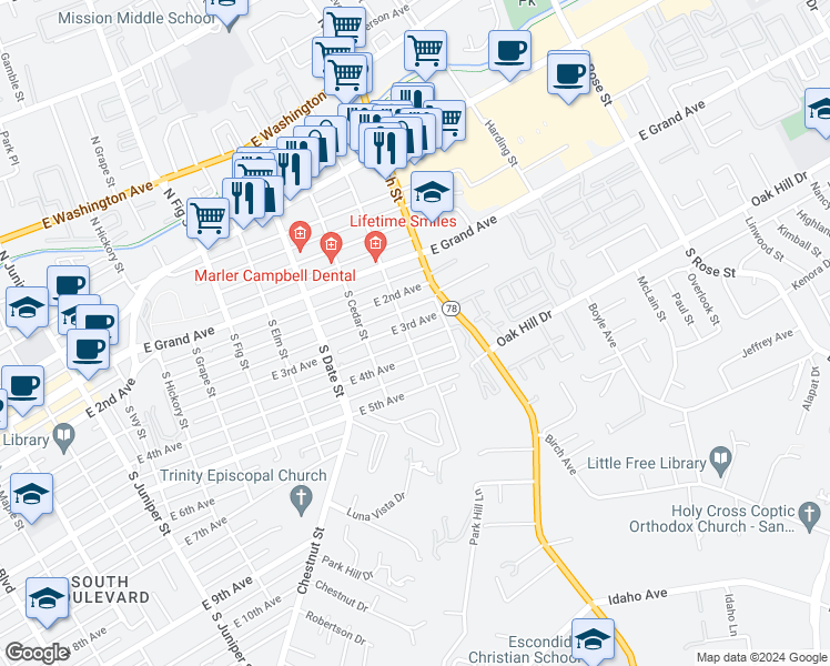 map of restaurants, bars, coffee shops, grocery stores, and more near 1101 East 3rd Avenue in Escondido