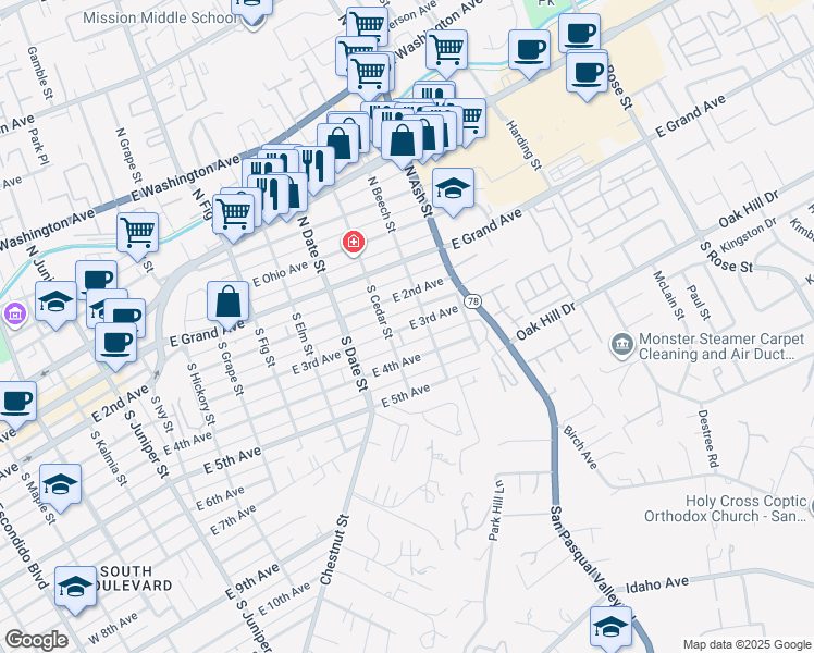 map of restaurants, bars, coffee shops, grocery stores, and more near 1002 East 3rd Avenue in Escondido