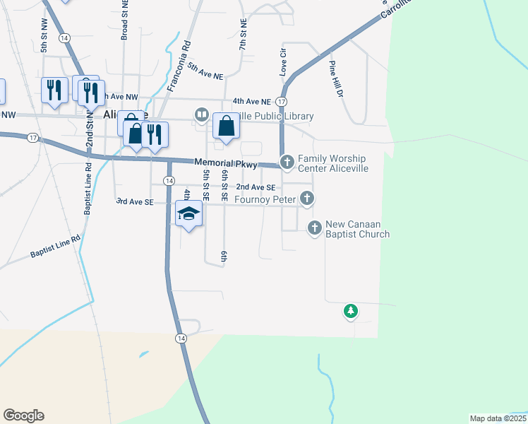 map of restaurants, bars, coffee shops, grocery stores, and more near 781-827 3rd Avenue Southeast in Aliceville